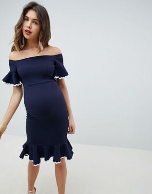 Queen Bee Off Shoulder Pencil Dress With Fluted Hem Detail