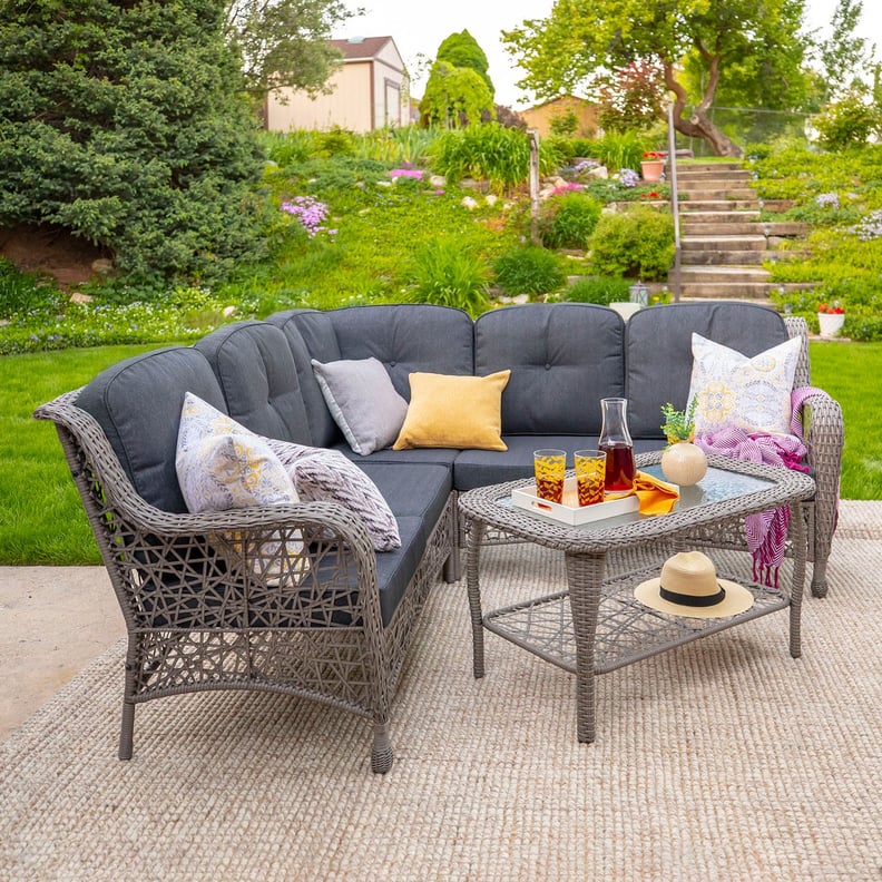 Outdoor Gray Rattan Sectional With Cushions & Table Set