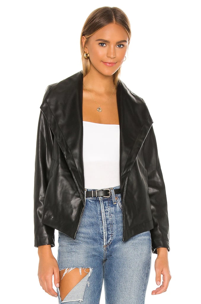 A Trendy Leather Jacket: Chaser Matte Vegan Leather Drape Front Jacket in Black