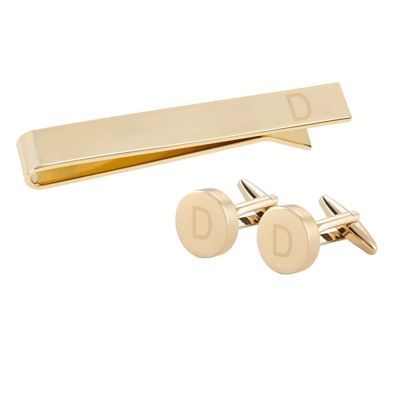 Cathy's Concept Personalized Gold Round Cuff Link and Tie Clip Set