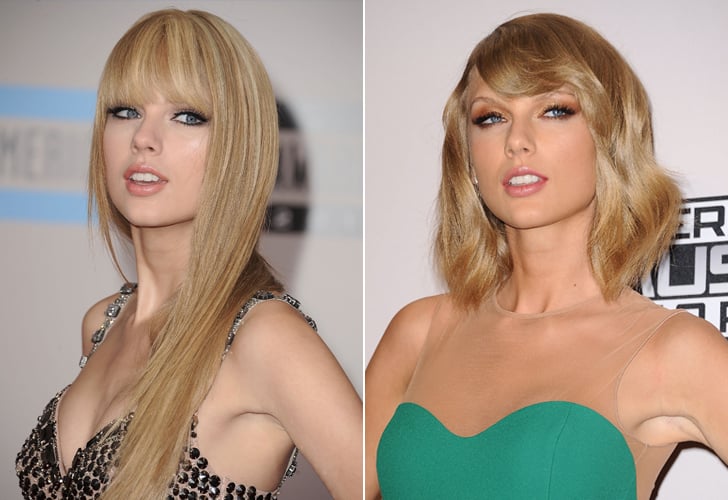 Taylor Swift: Long hair and blunt bangs to lob with side-swept bangs