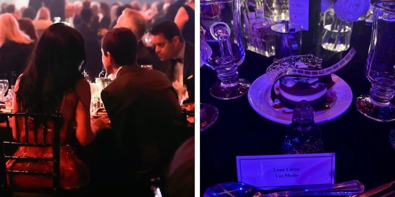 Side-by-side photos show Kylie Jenner and Timothee Chalamet sitting a table, as well as a place setting for a gala dinner