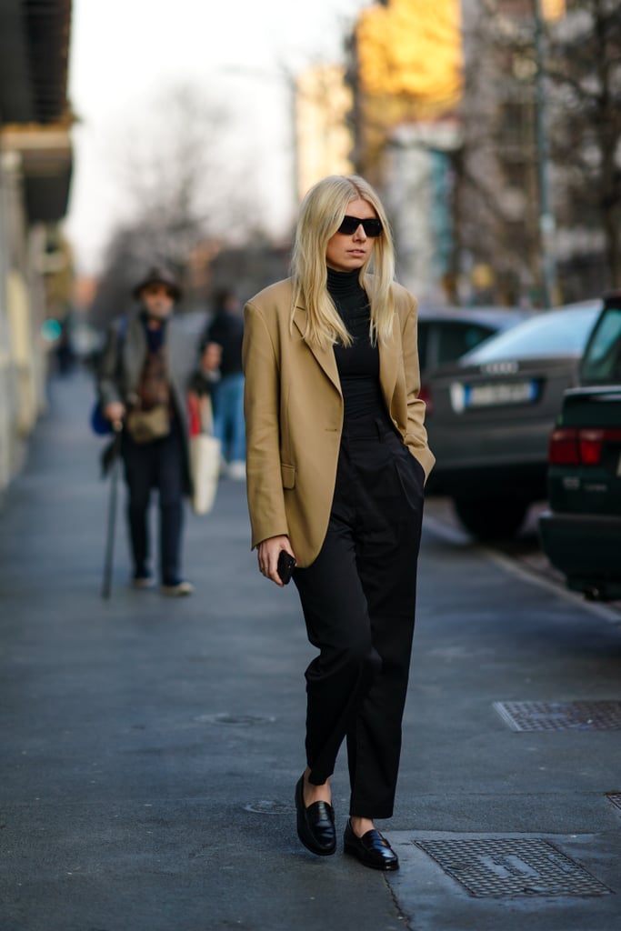 Channel that cool-girl prep with an all-black look...right down to your loafers, but consider adding a bit of brightness by way of a camel blazer or jacket.