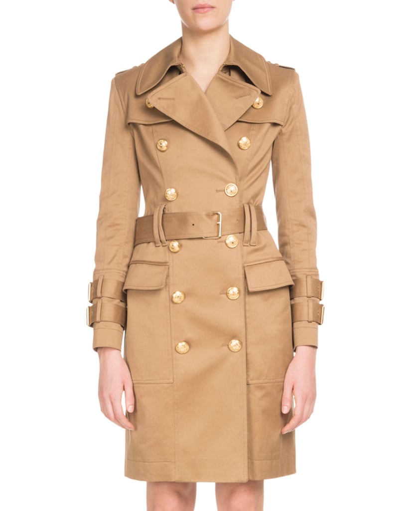 Balmain Double-Breasted Golden-Button Belted Trench Coat | Trench Coat ...