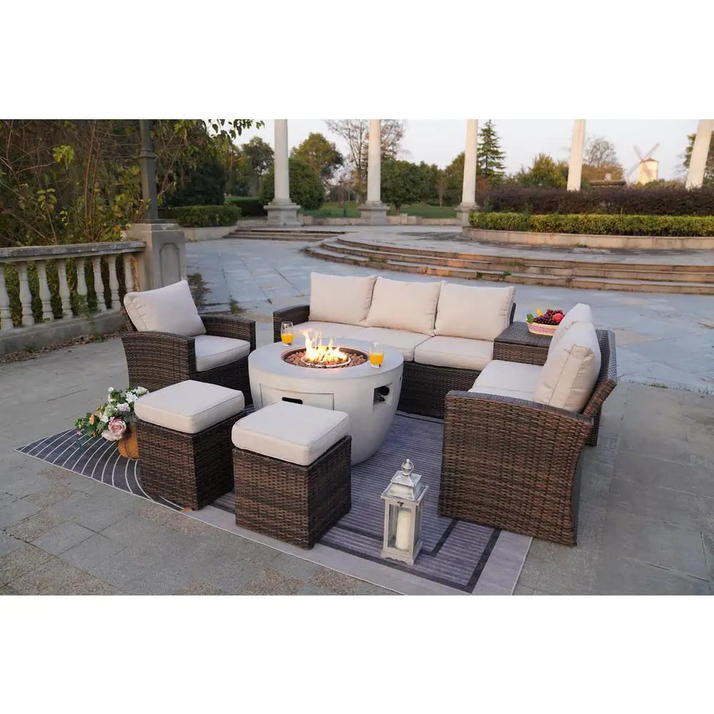 A Fire Pit Patio Set: Direct Wicker Greenland Brown 7-Piece Wicker Patio Conversation Set