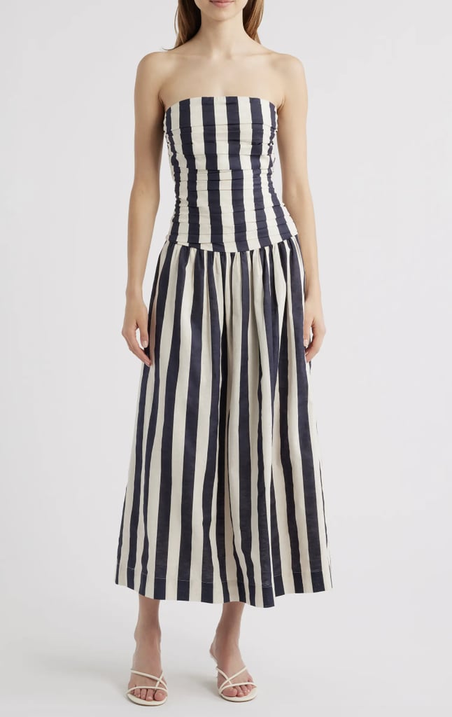 Moon River Stripe Ruched Strapless Midi Dress