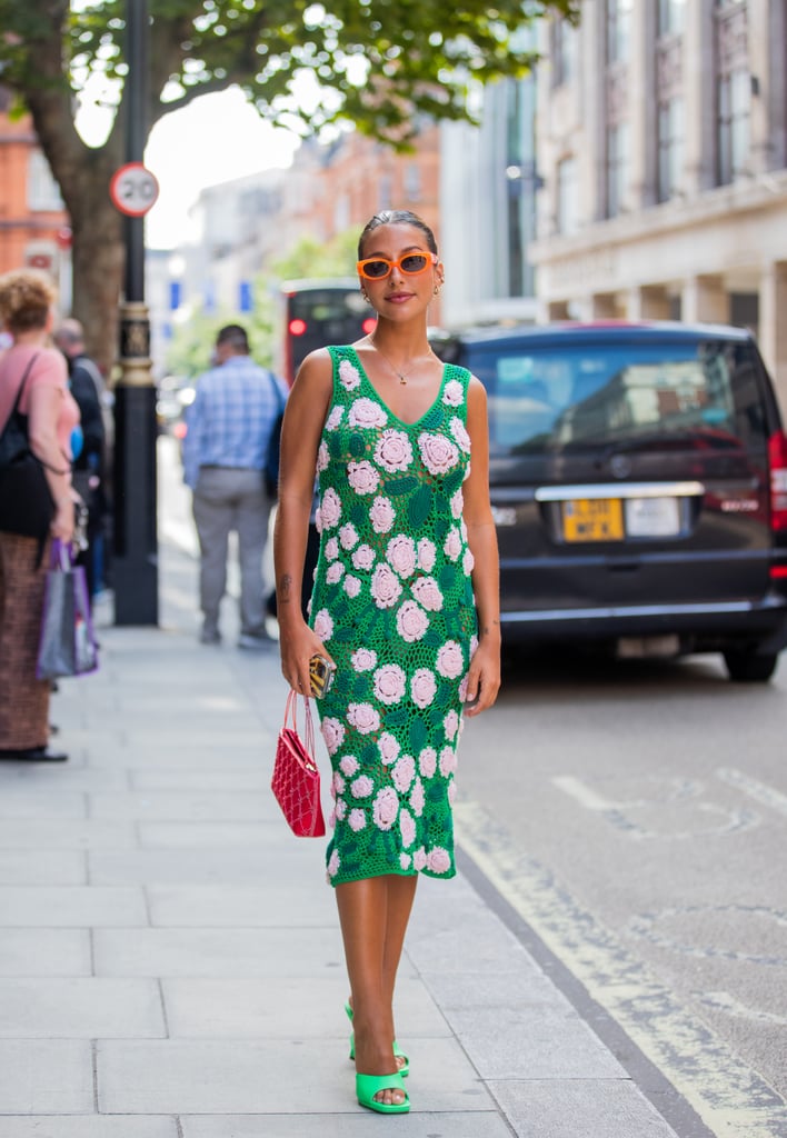 This bright green sheath looks even better with a hot pink bag and orange shades. Colour on colour on colour.