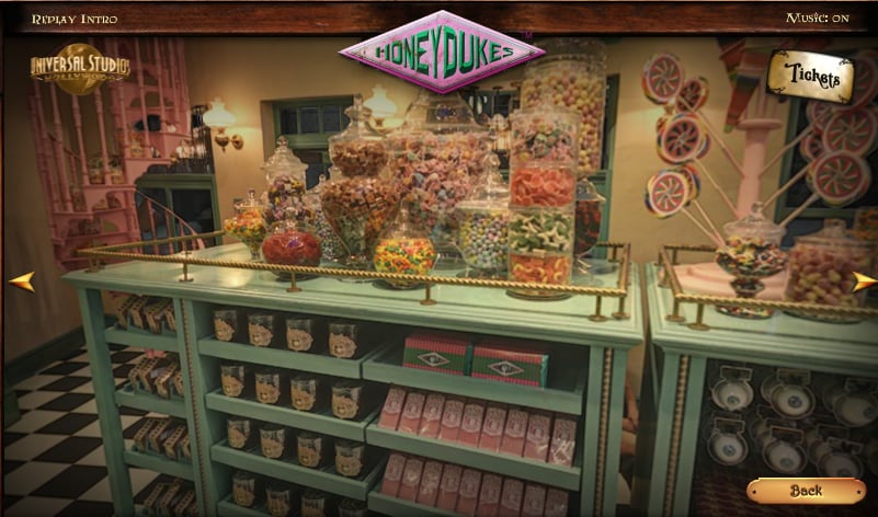 Go to Hogsmeade and get your chocolate-frog fix at Honeydukes, where you can shop from shelves upon shelves of colorful sweets.