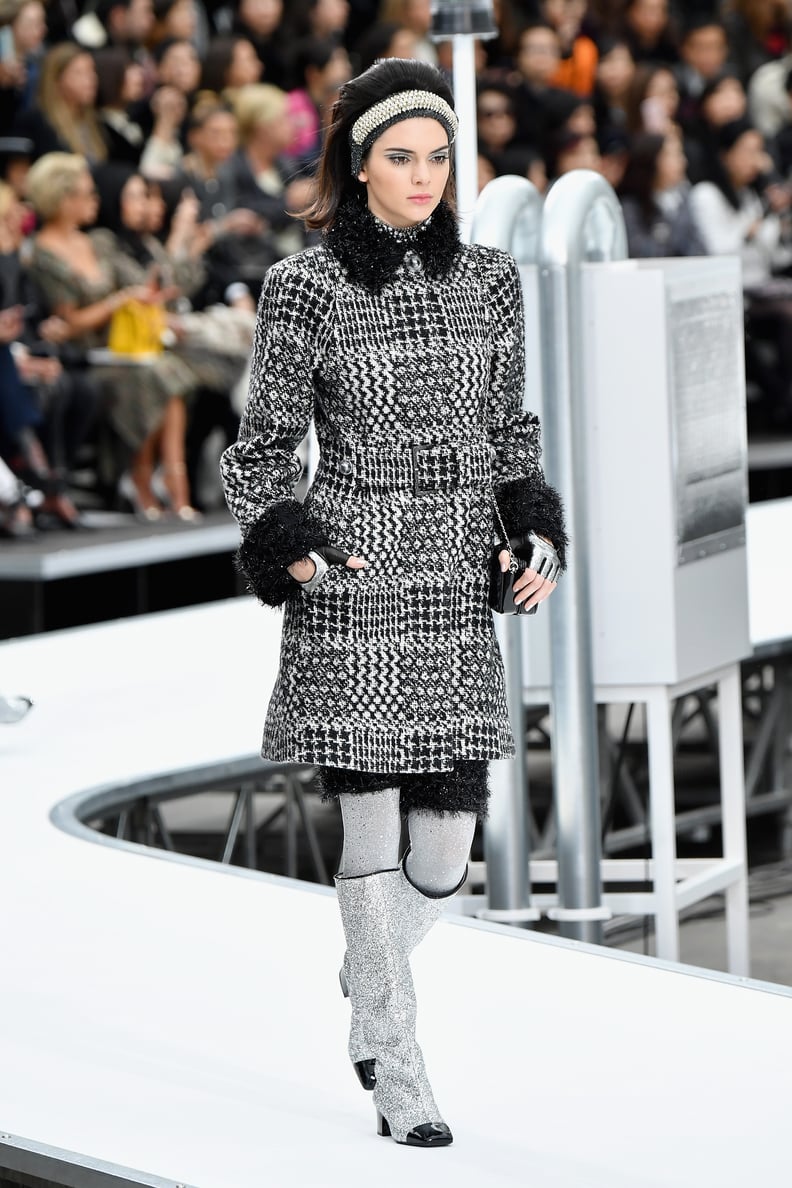 She Wore a Patterned Tweed Coat at Chanel