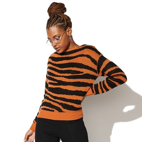 Vylette Tiger Print Boatneck Sweater