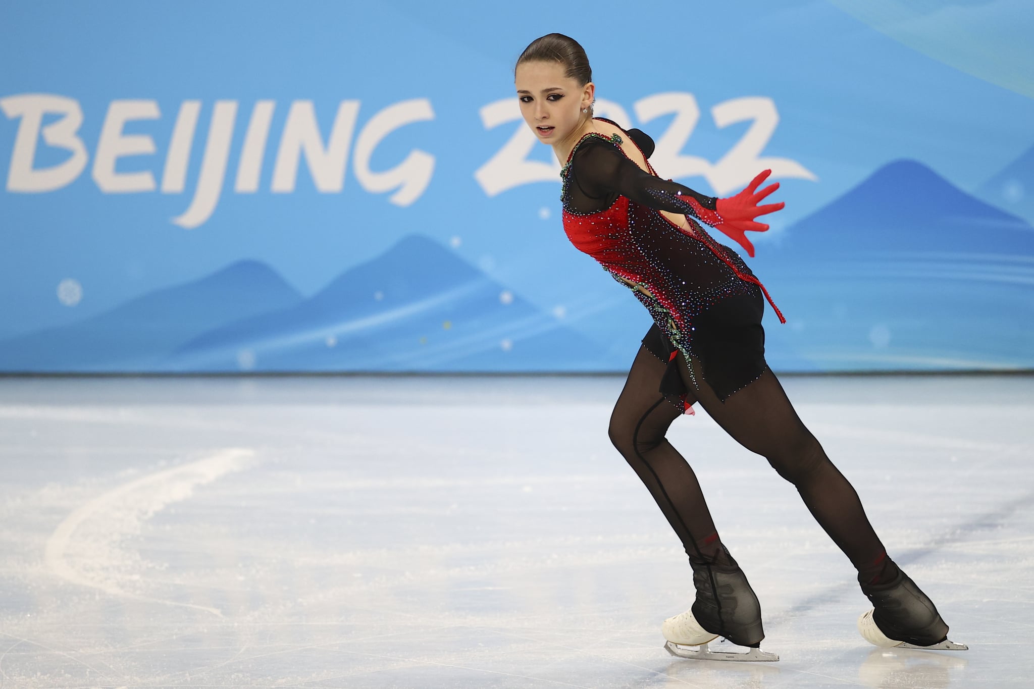 Kamila Valieva competes at the 2022 Winter Olympics figure skating team event in Beijing.