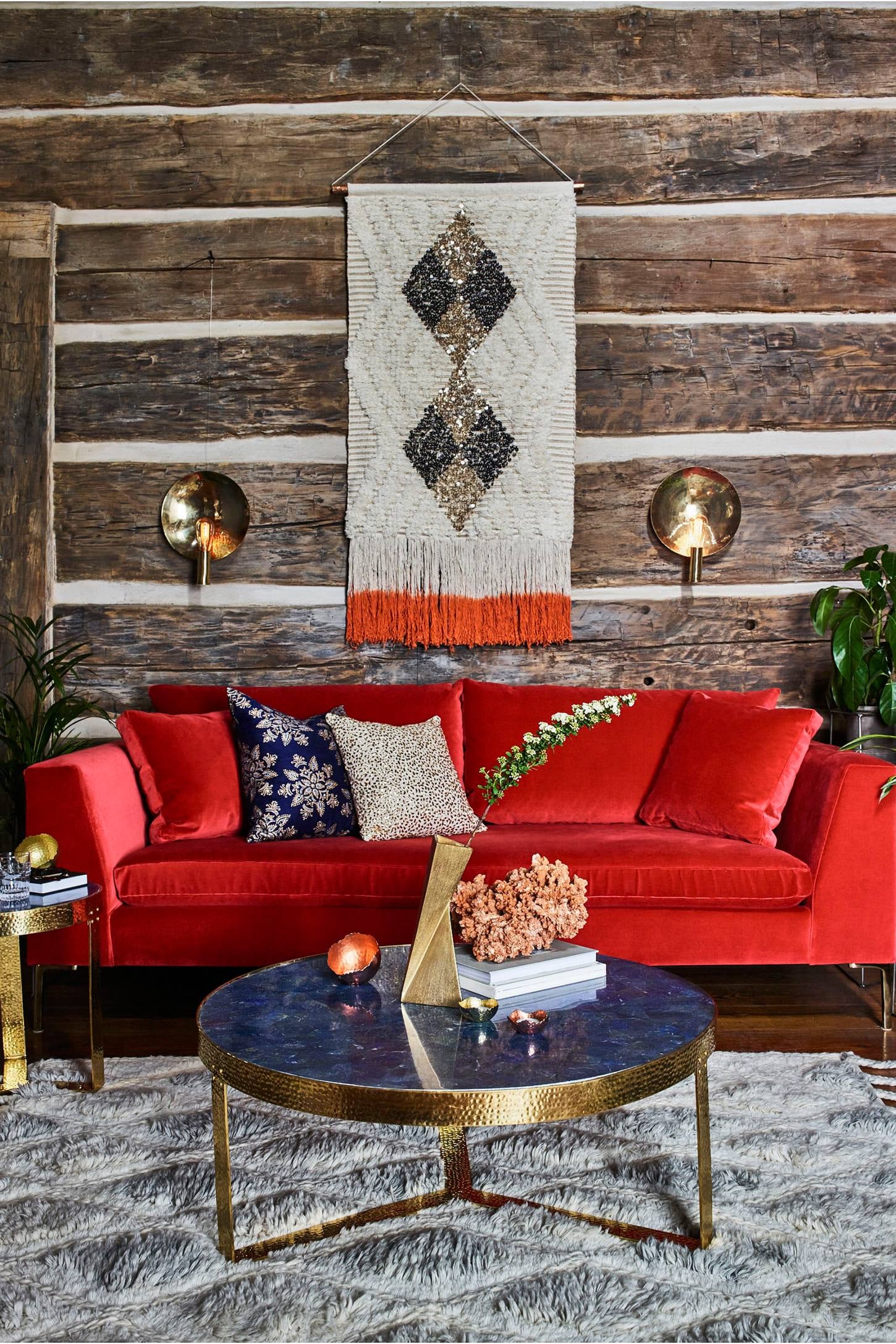Red velvet sofa living room hot sale