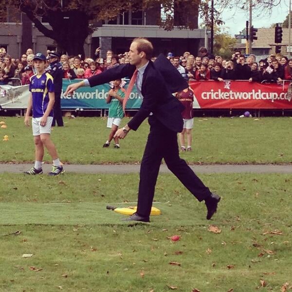 William threw a cricket ball during an appearance in New Zealand.
Source: Twitter user GovGeneralNZ