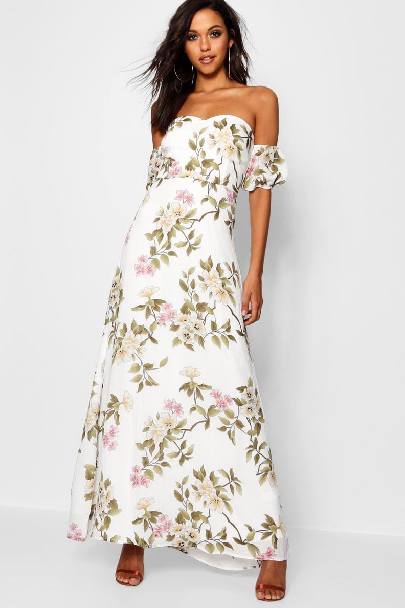 brown off the shoulder dress mini HATCH Collection The Samantha Off-The-Shoulder Jacquard Mini Dress in Caramel