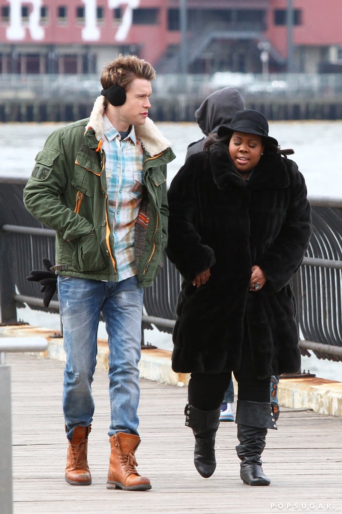 Amber Riley and Chord Overstreet bundled up while filming Glee on Monday in NYC.