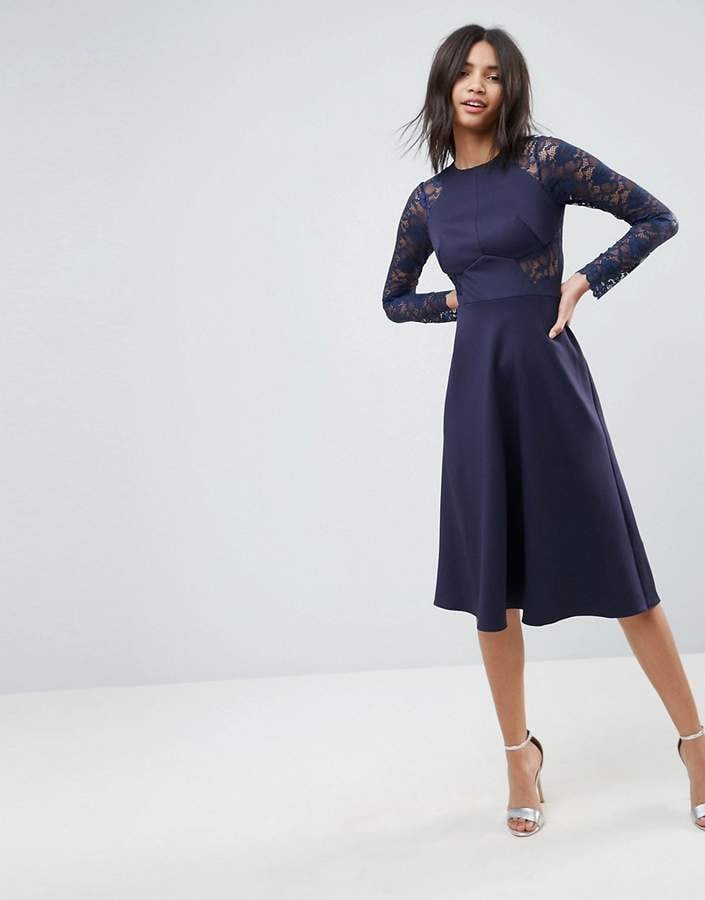 Asos Premium Midi Scuba Skater Dress with Lace Sleeves