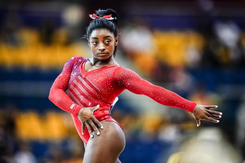 Simone Biles of United States during  Floo, Team final for Women at the Aspire Dome in Doha, Qatar, Artistic FIG Gymnastics World Championships on October 30, 2018. (Photo by Ulrik Pedersen/NurPhoto via Getty Images)