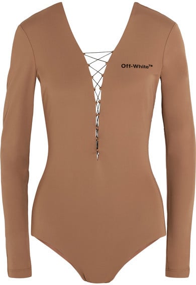 Off-White Appliquéd Lace-up Jersey Bodysuit