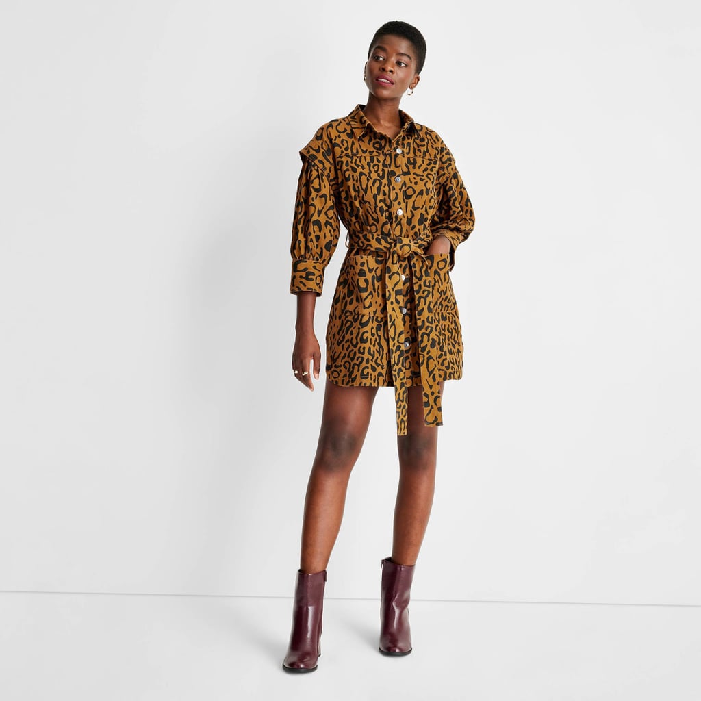 Utility Dress: Future Collective with Kahlana Barfield Brown Long Sleeve Utility Denim A-Line Dress