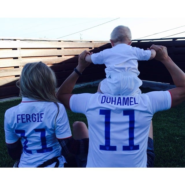 Fergie and Josh Duhamel prepared for the World Cup again with matching jerseys and their son, Axl.
Source: Instagram user fergie