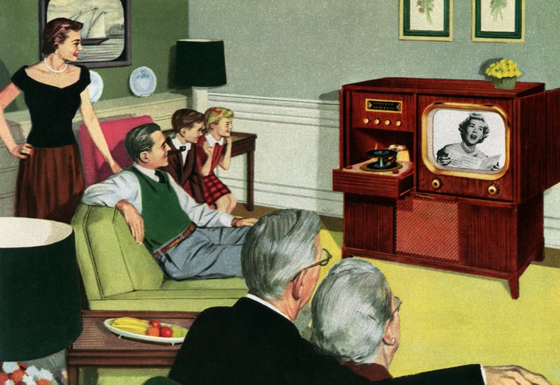 Vintage illustration of three generations of a 1950s American family, sitting in their living room watching television (screen print), 1950. (Photo by GraphicaArtis/Getty Images)