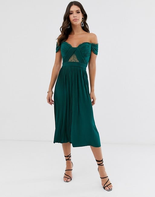 Asos Lace and Pleat Bardot Midi Dress