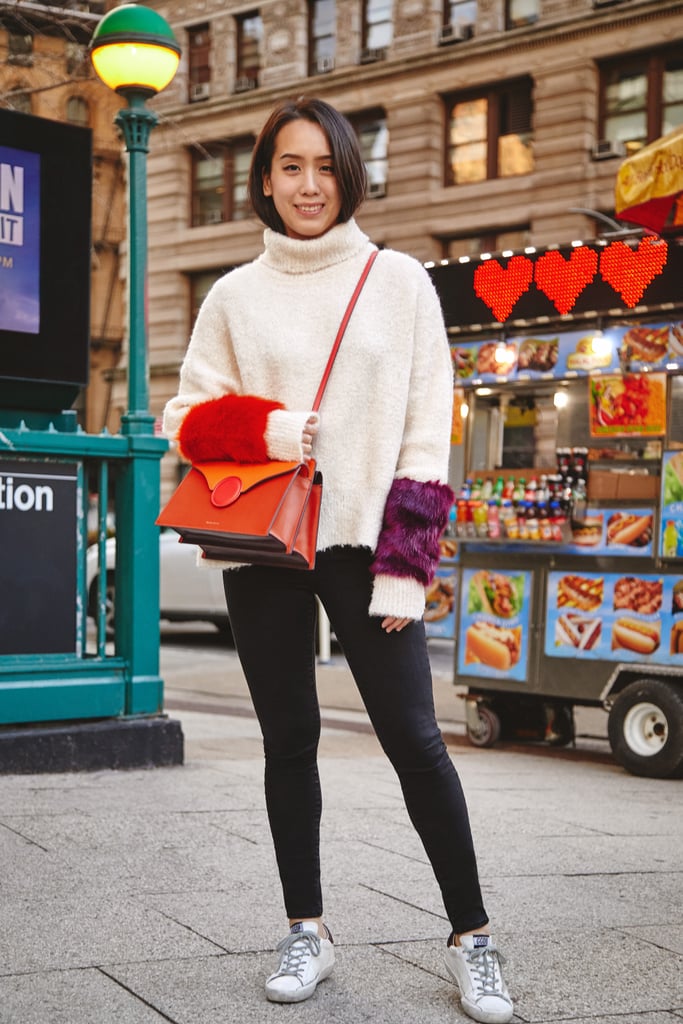 On Assistant Editor Marina Liao: Zara sweater, H&M jeans, Golden Goose sneakers, and Danse Lente bag.