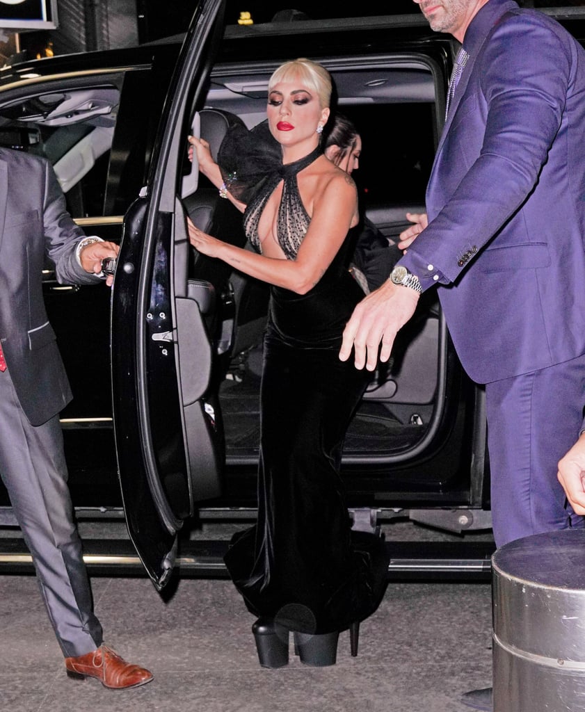 Lady Gaga Wears Velvet Dress With Sheer Polka Dot Halter Top