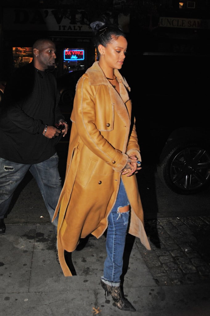 In 2015, Rihanna opted for a chic camel coat with jeans.