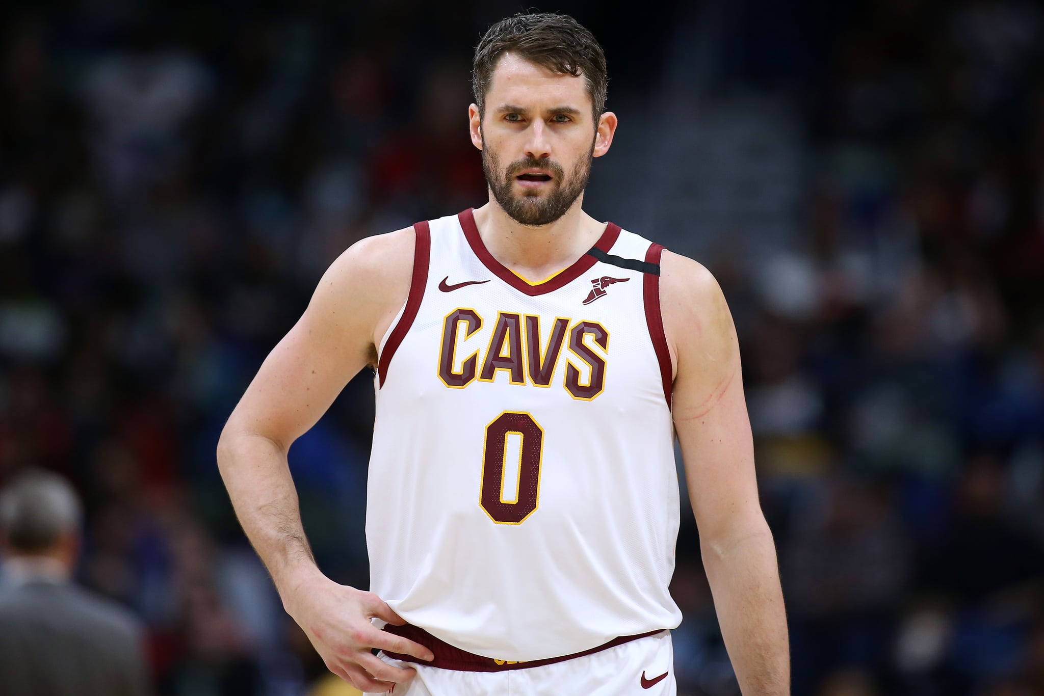 NEW ORLEANS, LOUISIANA - FEBRUARY 28: Kevin Love #0 of the Cleveland Cavaliers reacts against the New Orleans Pelicans during the first half at the Smoothie King Centre on February 28, 2020 in New Orleans, Louisiana. NOTE TO USER: User expressly acknowledges and agrees that, by downloading and or using this Photograph, user is consenting to the terms and conditions of the Getty Images Licence Agreement.  (Photo by Jonathan Bachman/Getty Images)