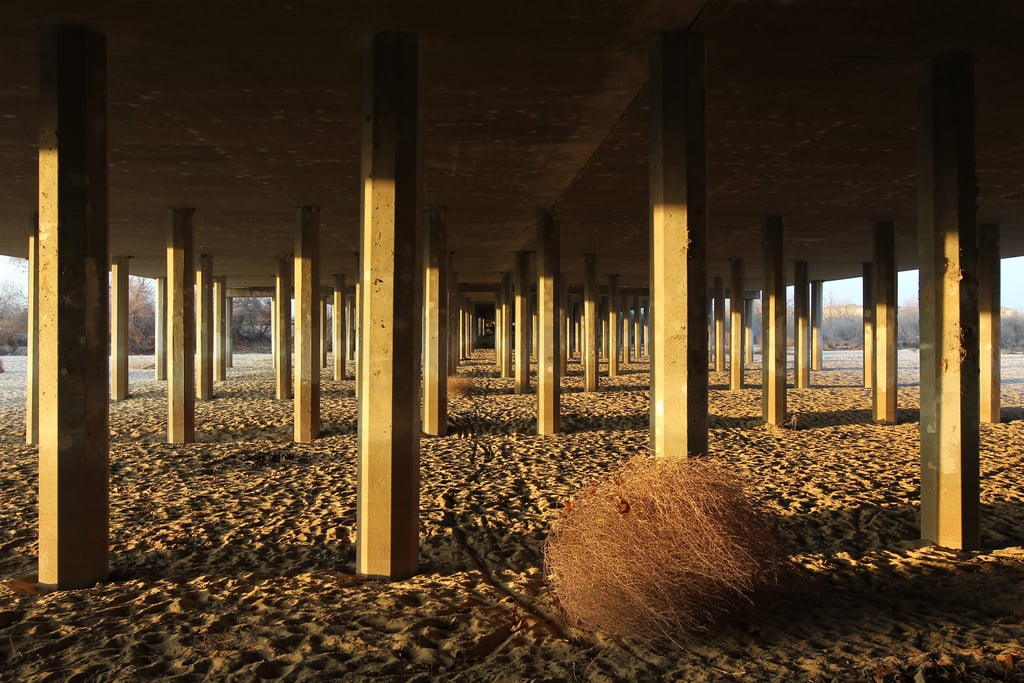 A tumbleweed blew along the sands of Bakersfield's Kern River, which is completely dried up.