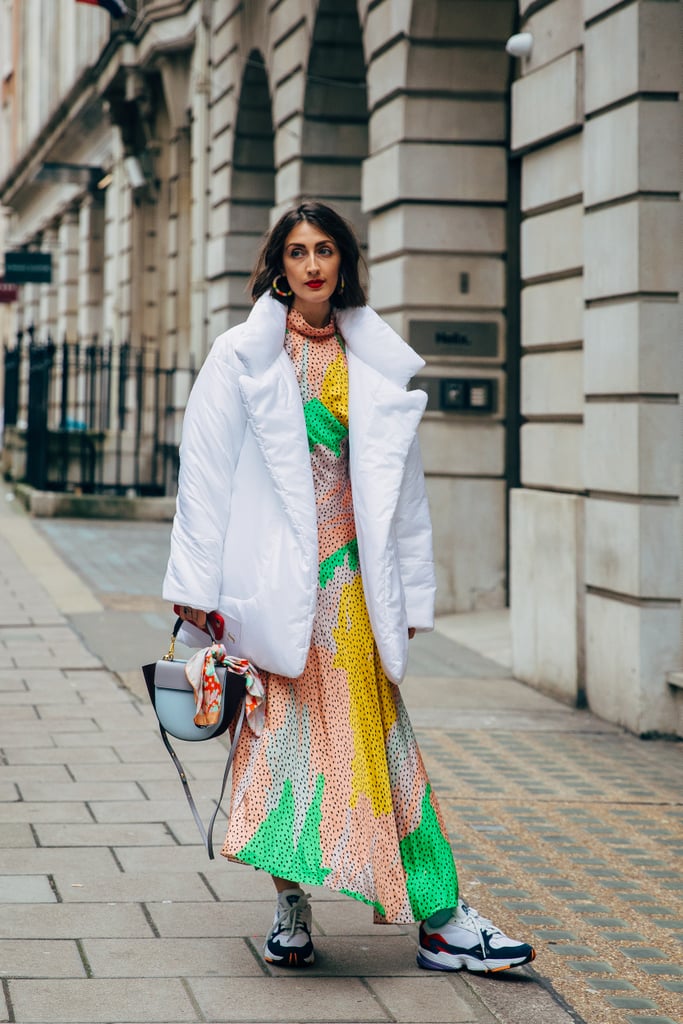 Style an Oversize White Puffer Over a Long, Colorful Maxi