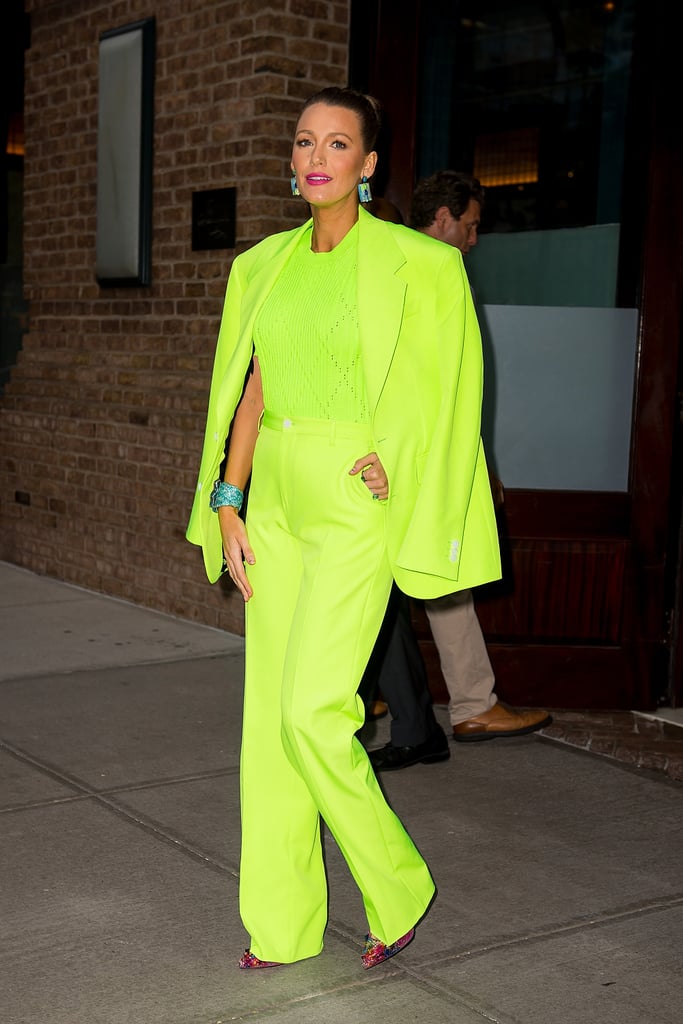 Blake wore this a slime-green neon suit from Versace's Spring '19 men's collection with a matching knitted sweater. She finished her look off with Lorraine Schwartz jewellery and Christian Louboutin heels.
