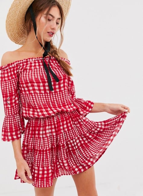 ASOS Design Off Shoulder Tiered Gingham Mini Sundress