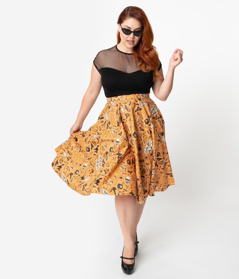 Plus-Size Retro Orange Halloween Print High-Waist Swing Skirt