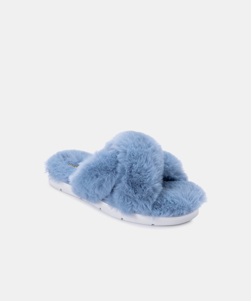 Dolce Vita Pillar Slippers in Sky Blue Faux Fur