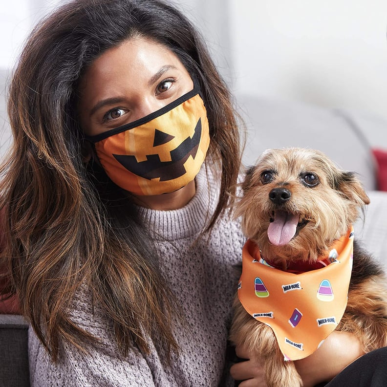 Milk-Bone Halloween Face Mask and Dog Bandana — Pumpkin & Candy Print Set For Small Dogs
