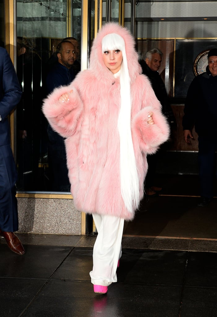 Lady Gaga in Pink Fur Coat in New York City in 2014