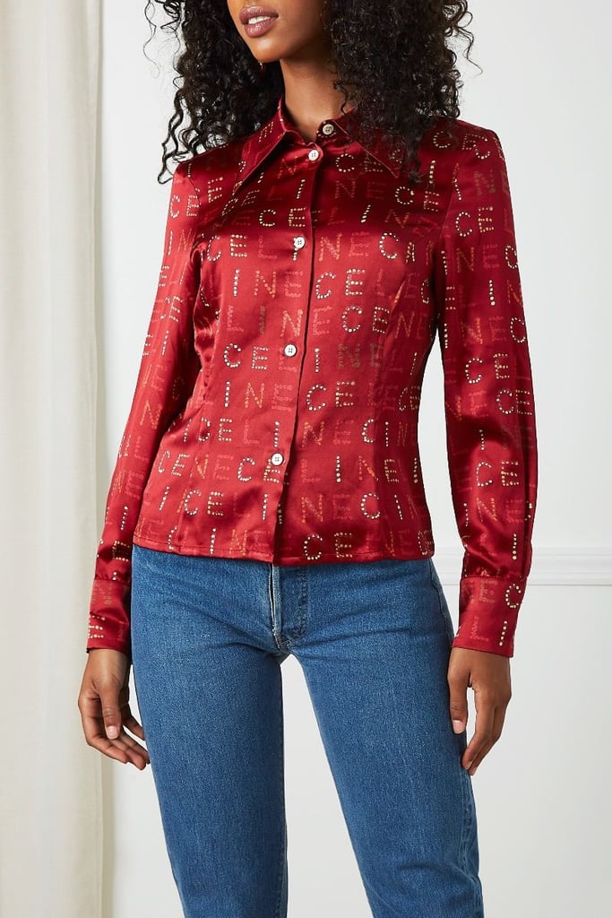 Céline 1990s Red Silk Alphabet Blouse