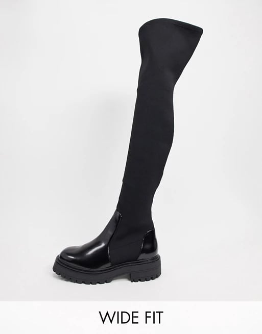 ASOS Design Wide Fit Keeley Chunky Flat Knee Boots in Black