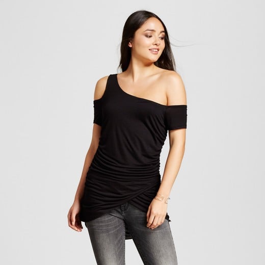 Vanity Room Women's Knit Ruched Asymmetrical Shoulder Cutout Top