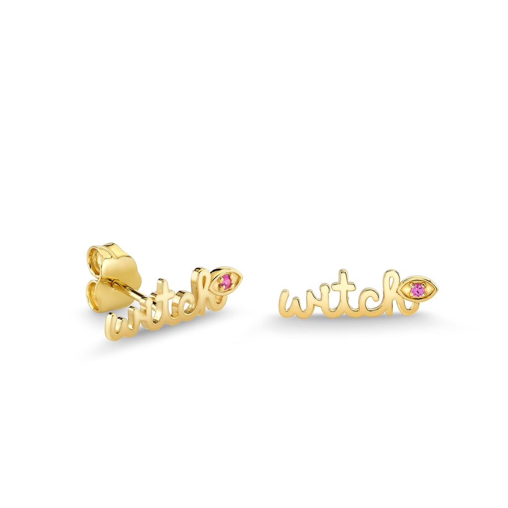 Sydney Evan Gold & Pink Sapphire Wicked Witch Script Stud