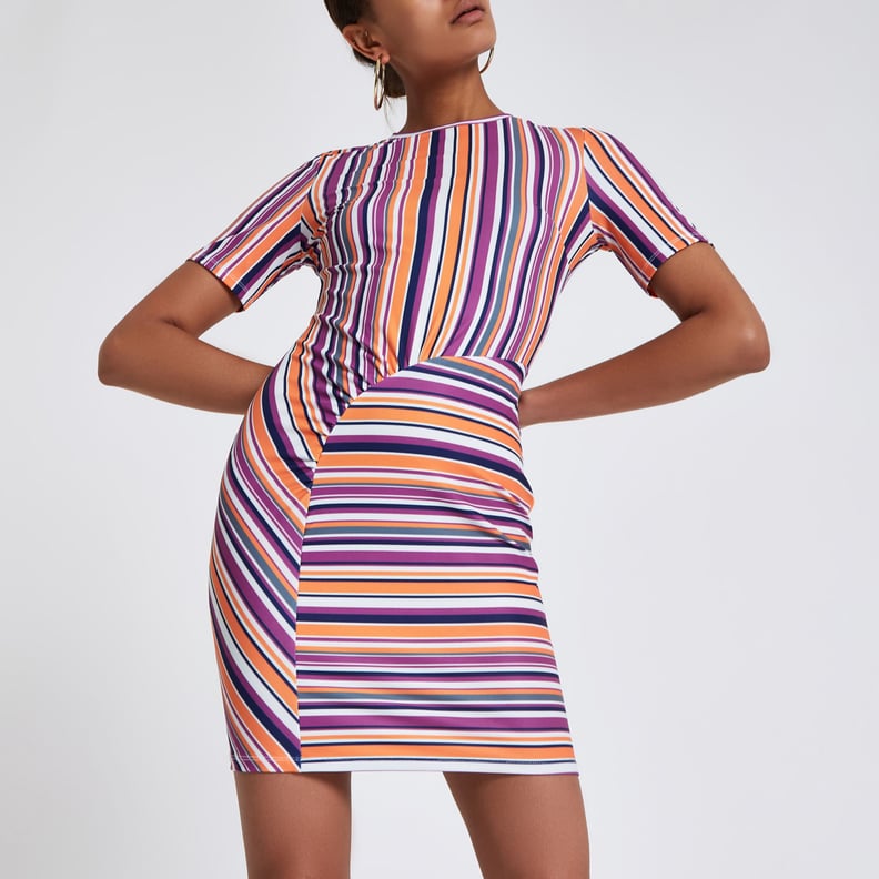 River Island Orange Stripe Ruched Bodycon Mini Dress