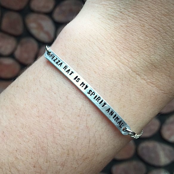 "Pizza Rat is My Spirit Animal" Engraved Stamped Bracelet with Pizza Slice Charm ($20)