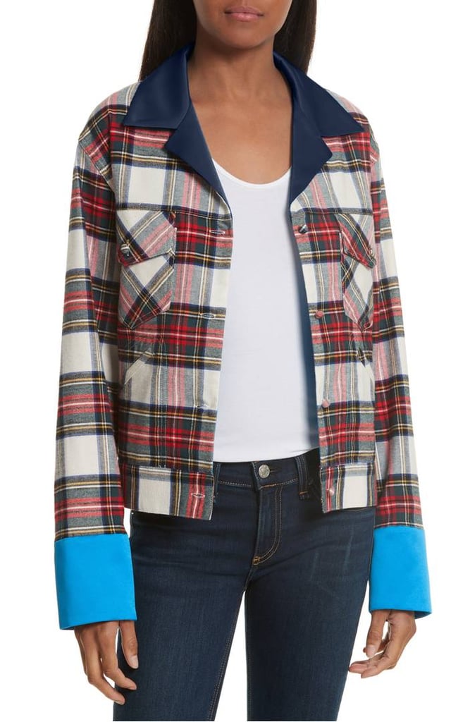Women's Harvey Faircloth Navy Satin Collar Plaid Flannel Jacket