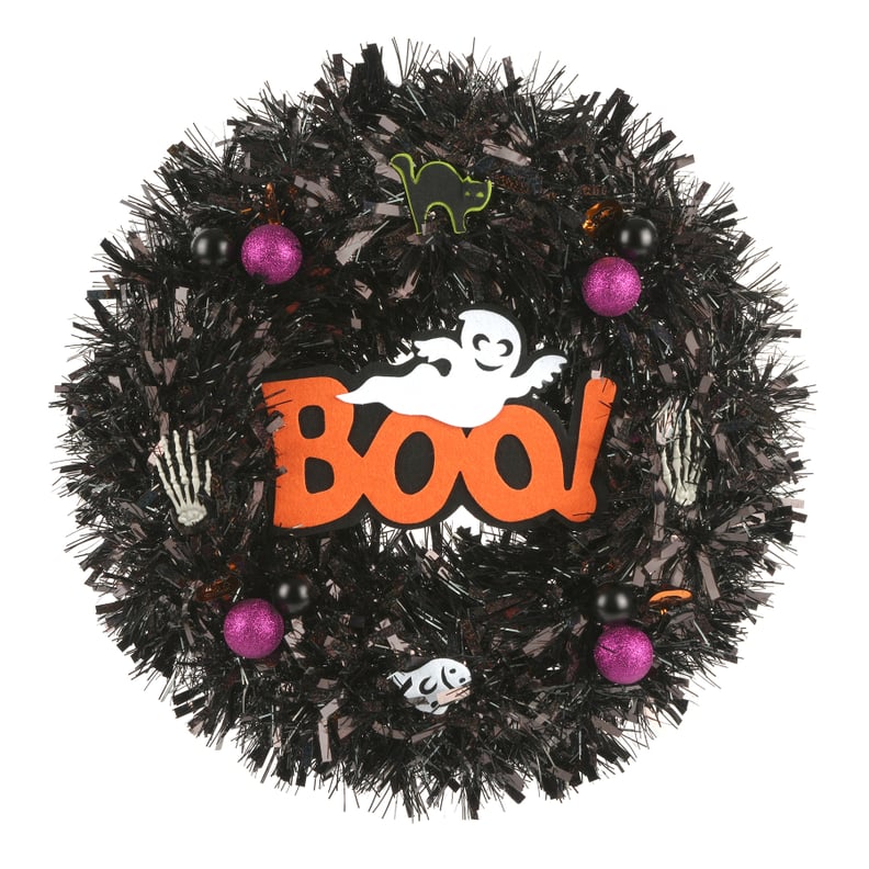 Michaels Halloween Decor: 20" Black Tinsel Boo Wreath by Ashland