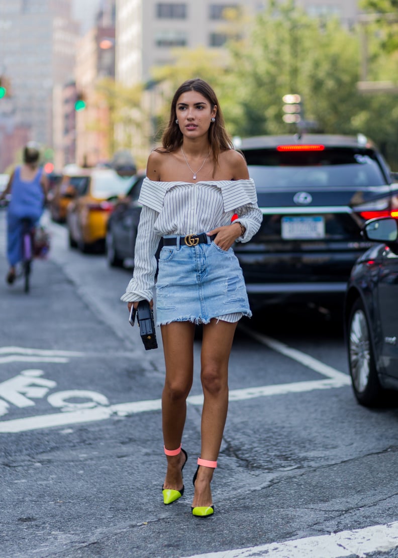 Style It With an Off-the-Shoulder Blouse and Colorful Heels