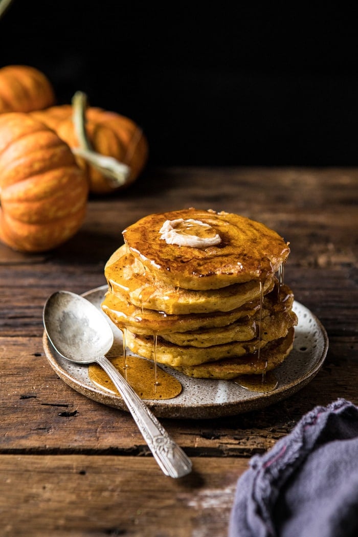 Spiced Pumpkin Cinnamon Roll Pancakes