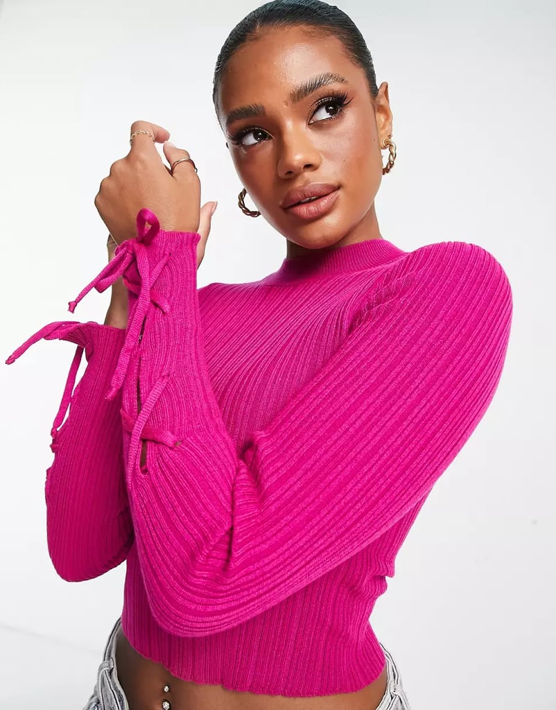 ASOS Design Sweater With High Neck and Lace Up Sleeve Detail in Pink