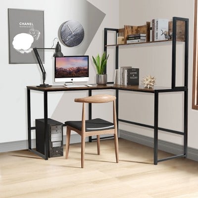 Costway Industrial L-Shaped Desk w/Hutch Bookshelf